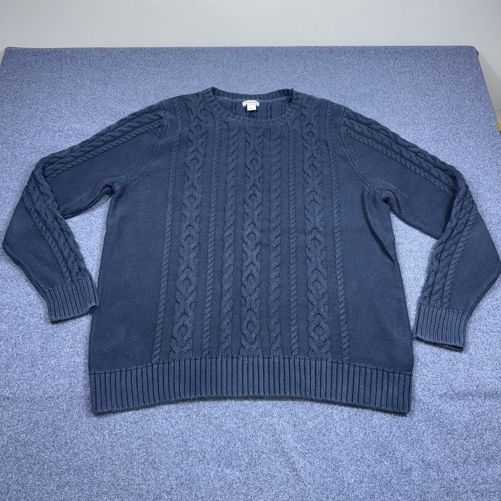 LL Bean Double L Cable Knit Sweater Womens XL Blue Cotton 298839 Slightly Fitted